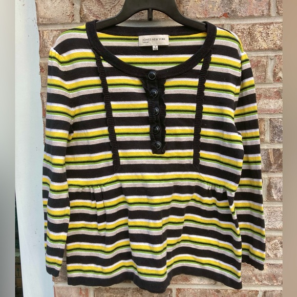 Jones New York Yellow Multi Color Striped Tapered Warm Knit Long Sleeve Shirt - Picture 3 of 10